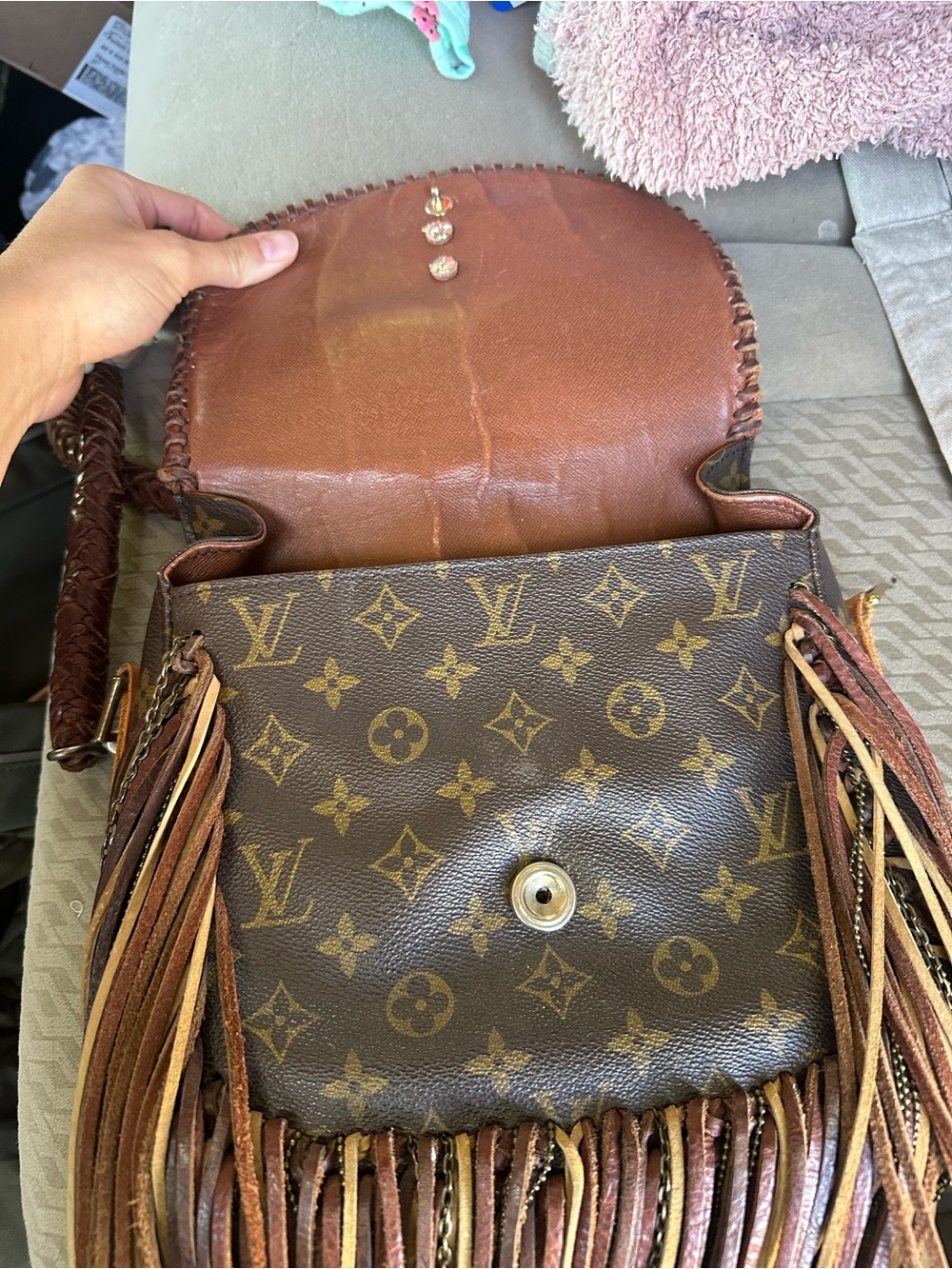 Louis Vuitton Brown Monogram Fringe Crossbody with genuine Turquoise Accent - Picture 6 of 12